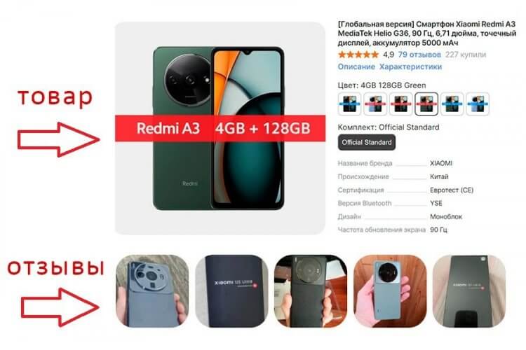 Замена смартфона на странице товара. На этой странице продают дешевый Redmi A3, но все отзывы о флагмане Xiaomi 12S Ultra. Фото.