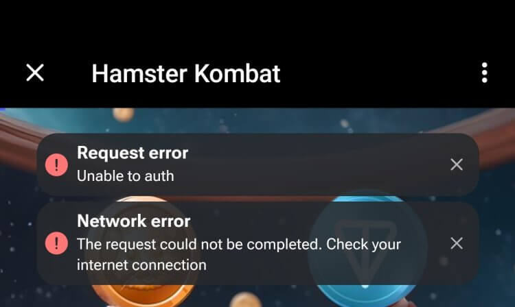 Что делать, если не запускается Hamster Kombat. Если видите такую ошибку при входе в игру, проверьте подключение к интернету или дождитесь, когда разработчики устранят неполадки. Фото.