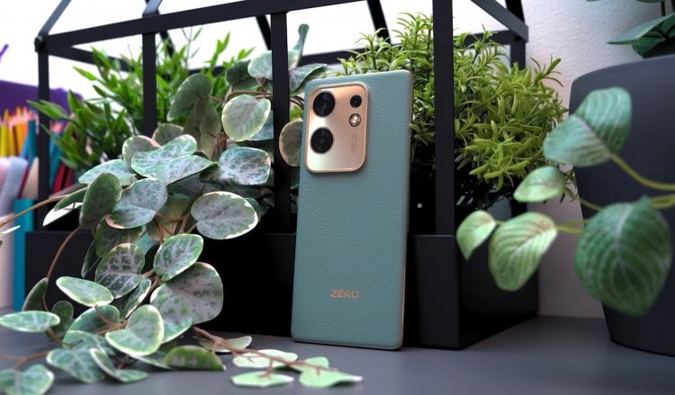 Infinix ZERO 30 4G — недорогой смартфон с изогнутым экраном. В зеленом цвете смартфона спинка выполнена из экокожи. Фото: YugaTech. Фото.