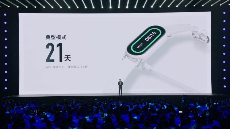 Время работы Xiaomi Smart Band 9. На одном заряде браслет будет работать 3 недели. Фото.