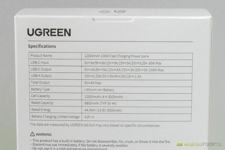 Характеристики UGREEN Nexode Power Bank. Основные характеристики приведены на задней стенке коробки. Характеристики UGREEN Nexode Power Bank. Основные характеристики приведены на задней стенке коробки. Фото.