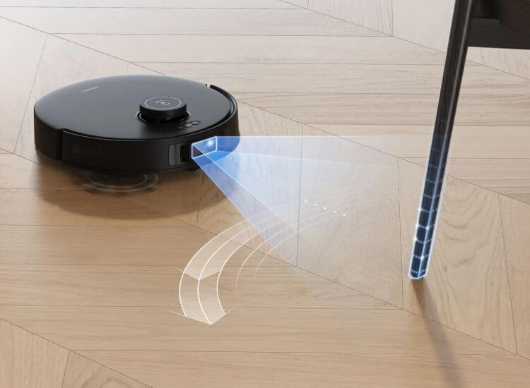 Мощный робот пылесос с влажной уборкой. ECOVACS DEEBOT T30S PRO сканирует пространство во избежание столкновения. Фото.