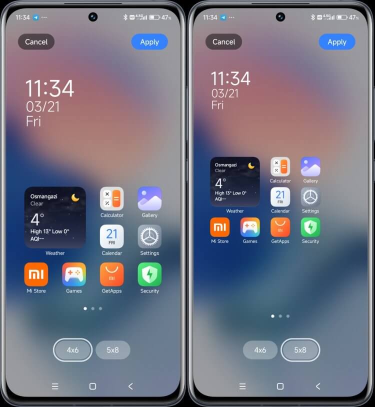 Обновление HyperOS Launcher. Новые сетки разбочего стола. Фото.