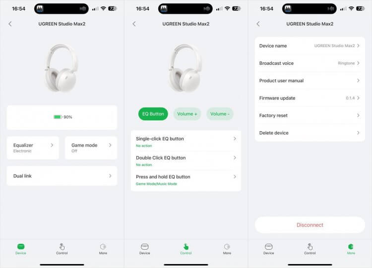 Приложение для наушников UGREEN. UGREEN Home предоставляет небольшой набор настроек. Фото.