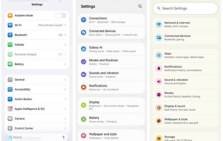 Что удобнее — iOS 26 или Android 16. Apple переделала настройки iPhone — теперь они еще больше похожи на Android. Фото: phonearena. Что удобнее — iOS 26 или Android 16. Apple переделала настройки iPhone — теперь они еще больше похожи на Android. Фото: phonearena. Фото.