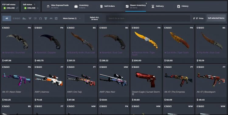 Пополнить Steam скинами. Можно продать скины в игре, чтобы пополнить баланс Steam. Фото.