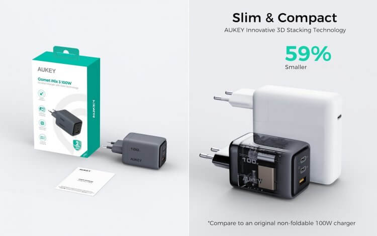 Зарядка Aukey Comet Mix 100W. Компактная замена большим адаптерам. Фото.