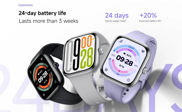 Автономность смарт-часов. Redmi Watch 5 работают дольше всех. Изображение: Xiaomi. Фото.