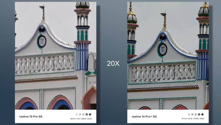 Сравнение realme 14 Pro и realme 15 Pro. Сравните, как по-разному фотографируют смартфоны на зуме. Изображение: Real Softech. Фото.