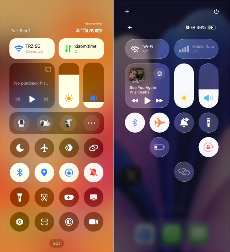 Какие функции Xiaomi нагло скопировала для HyperOS 3 у Apple из обновления iOS 26. Пункт управления в HyperOS 3 и iOS 26 легко перепутать. Фото: xiaomitime.com. Какие функции Xiaomi нагло скопировала для HyperOS 3 у Apple из обновления iOS 26. Пункт управления в HyperOS 3 и iOS 26 легко перепутать. Фото: xiaomitime.com. Фото.