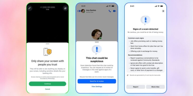 WhatsApp научился предупреждать пользователей о мошенниках во время демонстрации экрана. Вот такое оповещение появится, как только вы попытаетесь включить демонстрацию экрана неизвестному контакту. Изображение: 9to5mac.com. Фото.