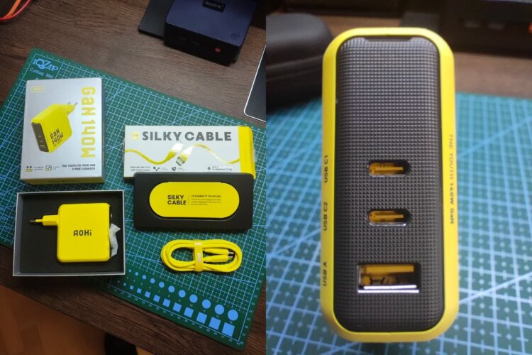 Мощная зарядка AOHI. Мощная и при этом компактная зарядка с несколькими портами. Фото.