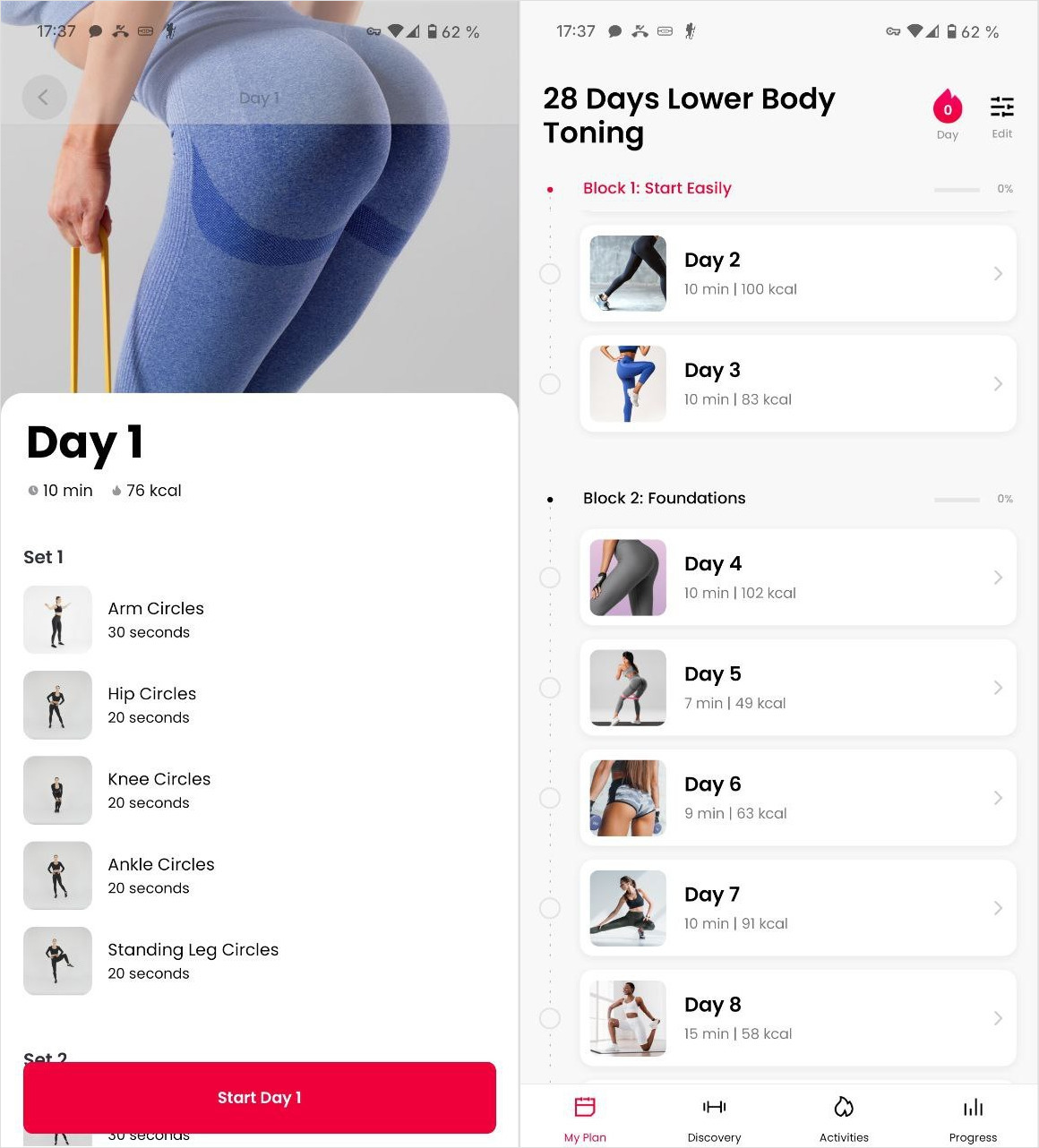 Приложение для домашних тренировок. При первом запуске приложение опрашивает пользователя и создает программу тренировок. Фото.