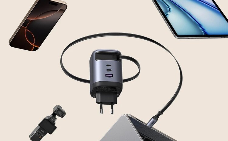 Зарядное устройство UGREEN со встроенным кабелем. Удобная зарядка для всех видов техники. Фото.