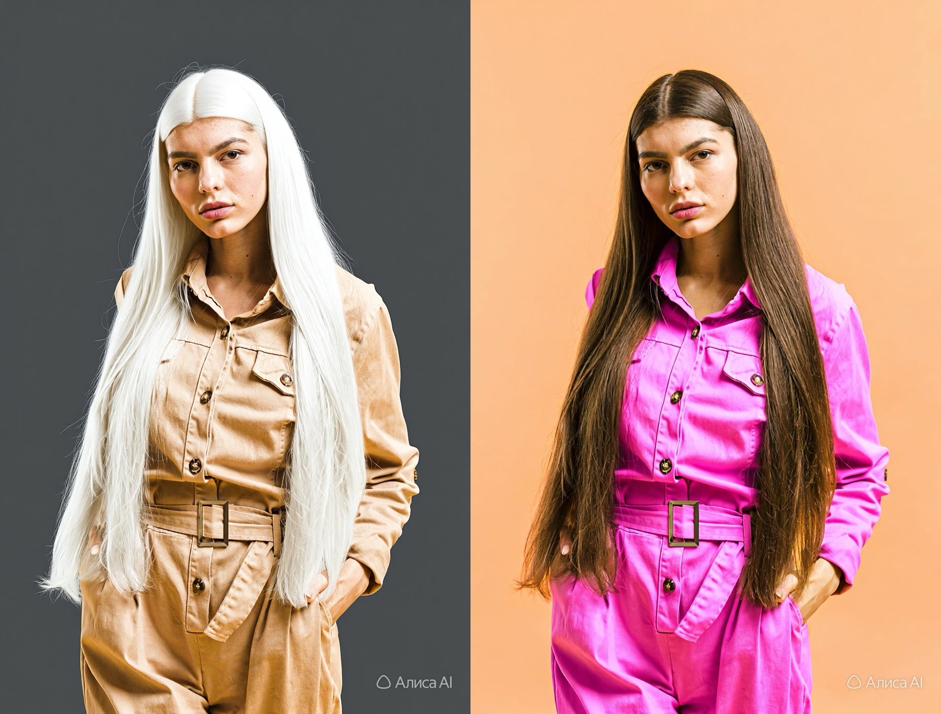 Как редактировать фото через Алису. Слева выбрали шаблон с белыми волосами, справа розовый. Изображение: Freepik. Фото.