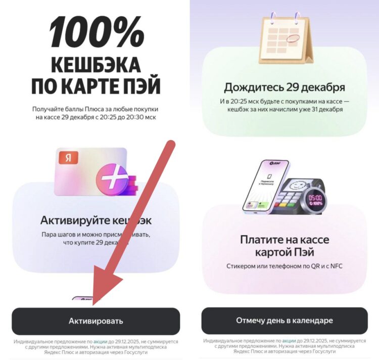 Как включить кэшбэк 100% от Яндекса. Акцию нужно активировать в приложении Яндекс Пэй. Фото.
