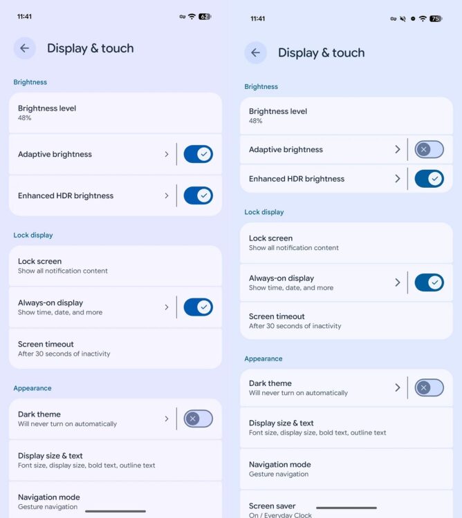 Что нового в Android 17. Меню настроек до (слева) и после (справа). Фото.