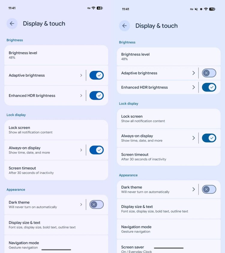 Что нового в Android 17. Меню настроек до (слева) и после (справа). Фото.
