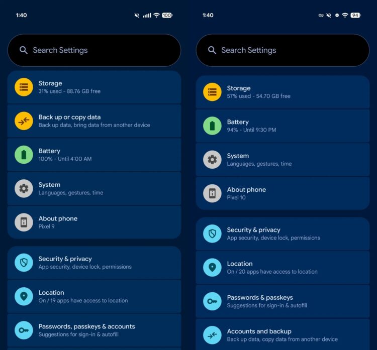 Что нового в Android 17 Beta 2. Настройки Android 17 Beta 1 — слева, Beta 2 — справа. Фото.