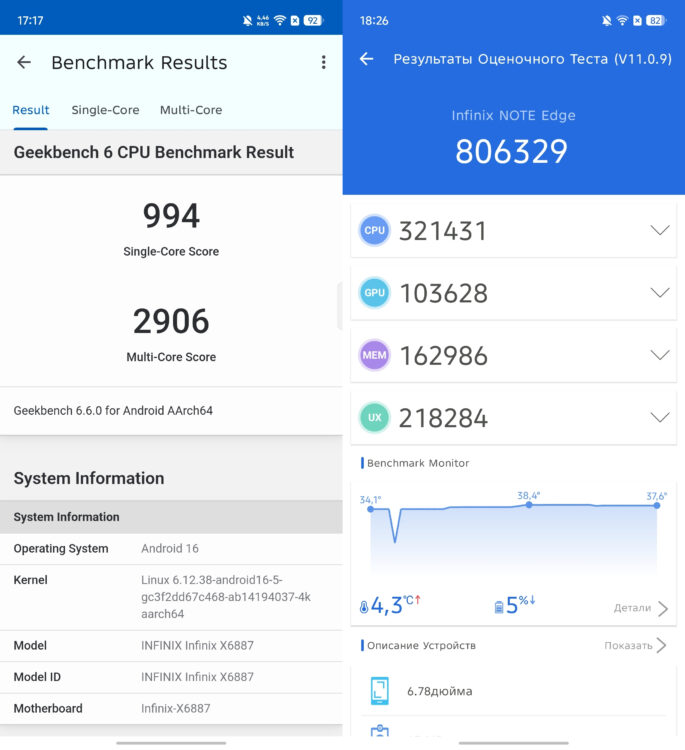 Какой процессор в Infinix Note Edge. Результаты синтетических тестов. Фото.