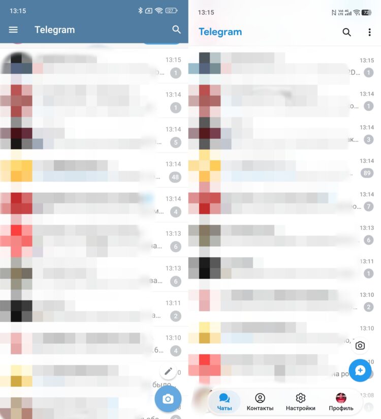 Новый дизайн Telegram на Android. Слева — было, справа — стало. Фото.