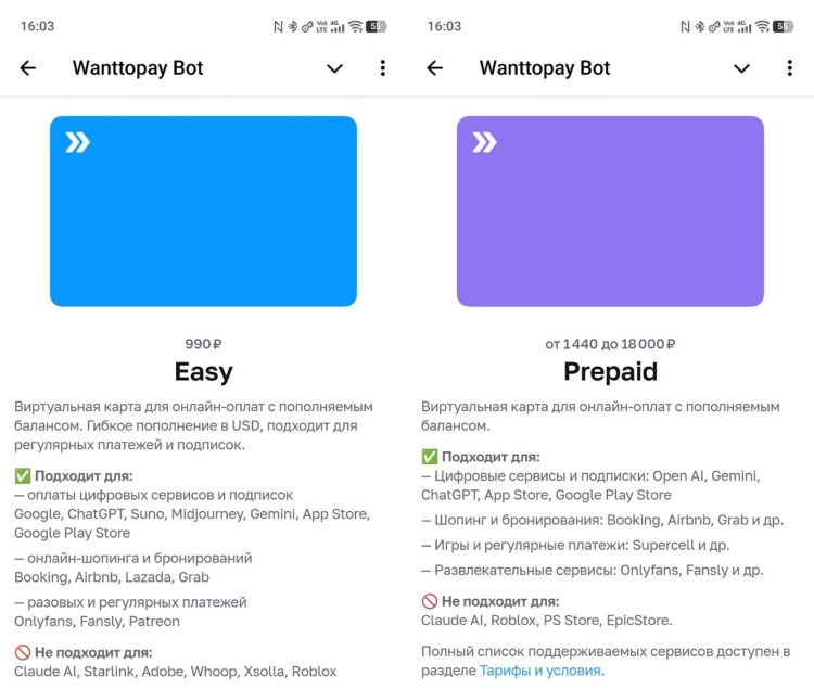 Виртуальная карта для оплаты покупок. Wanttopay предлагает разные типы карт. Фото.