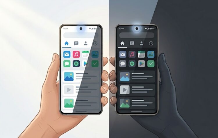 Как работает автоматическое переключение тёмной темы. Датчик освещённости смартфона определяет уровень света вокруг. Как работает автоматическое переключение тёмной темы. Датчик освещённости смартфона определяет уровень света вокруг. Фото.