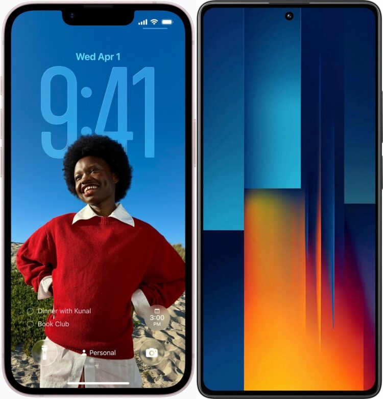 Вырез и рамки в экране телефона. iPhone 17e — слева, а POCO M6 Pro — справа. Вырез и рамки в экране телефона. iPhone 17e — слева, а POCO M6 Pro — справа. Фото.