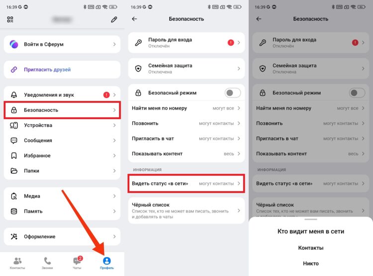 Как скрыть время посещения в MAX. Не показывайте время посещения другим. Фото.