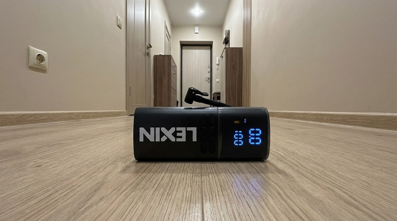 Компрессор, повербанк и фонарик в одном корпусе — и всё влезает в бардачок. Фото.