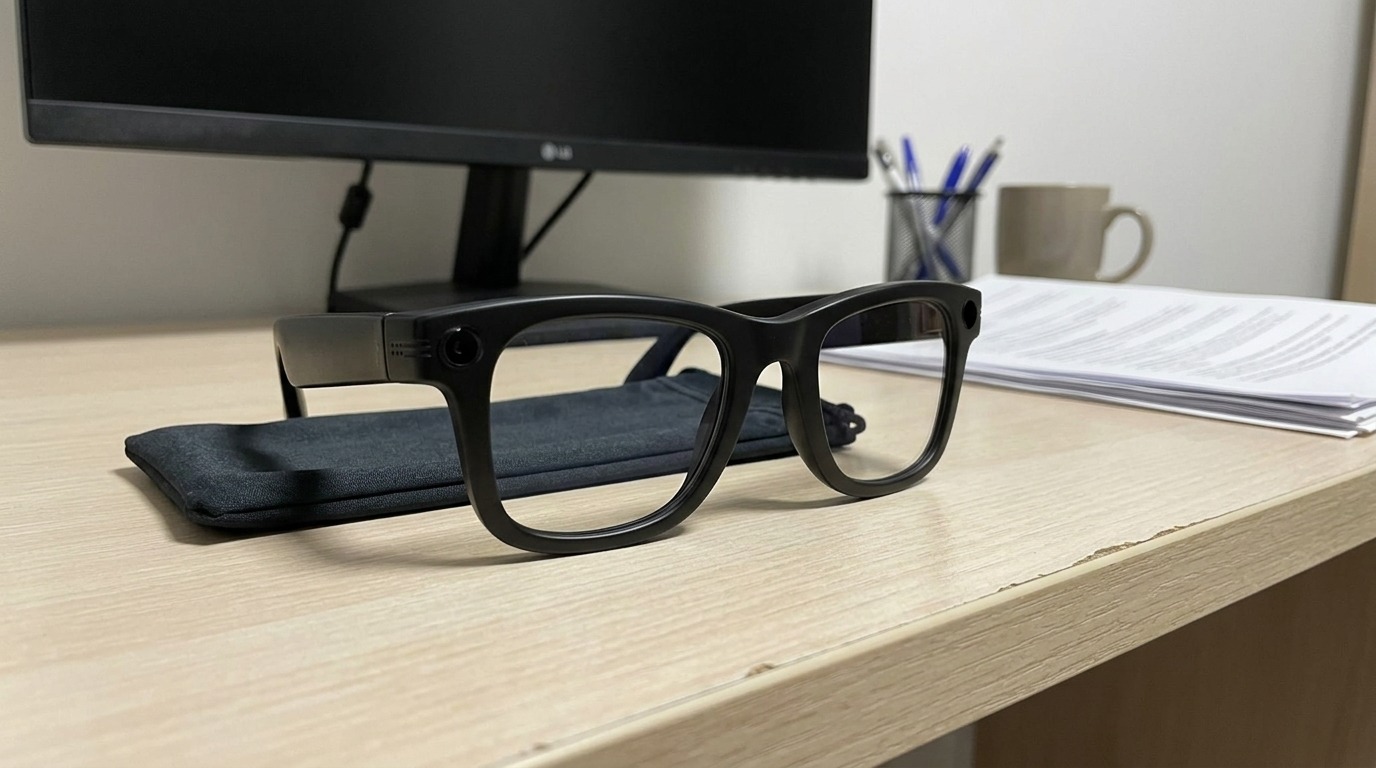 Выглядят как обычные очки, но внутри камера и Bluetooth-динамики. Фото.