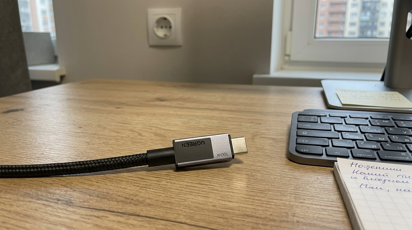 Купил в марте, с тех пор ни одного залома — тканевая оплётка держится как новая. Фото.