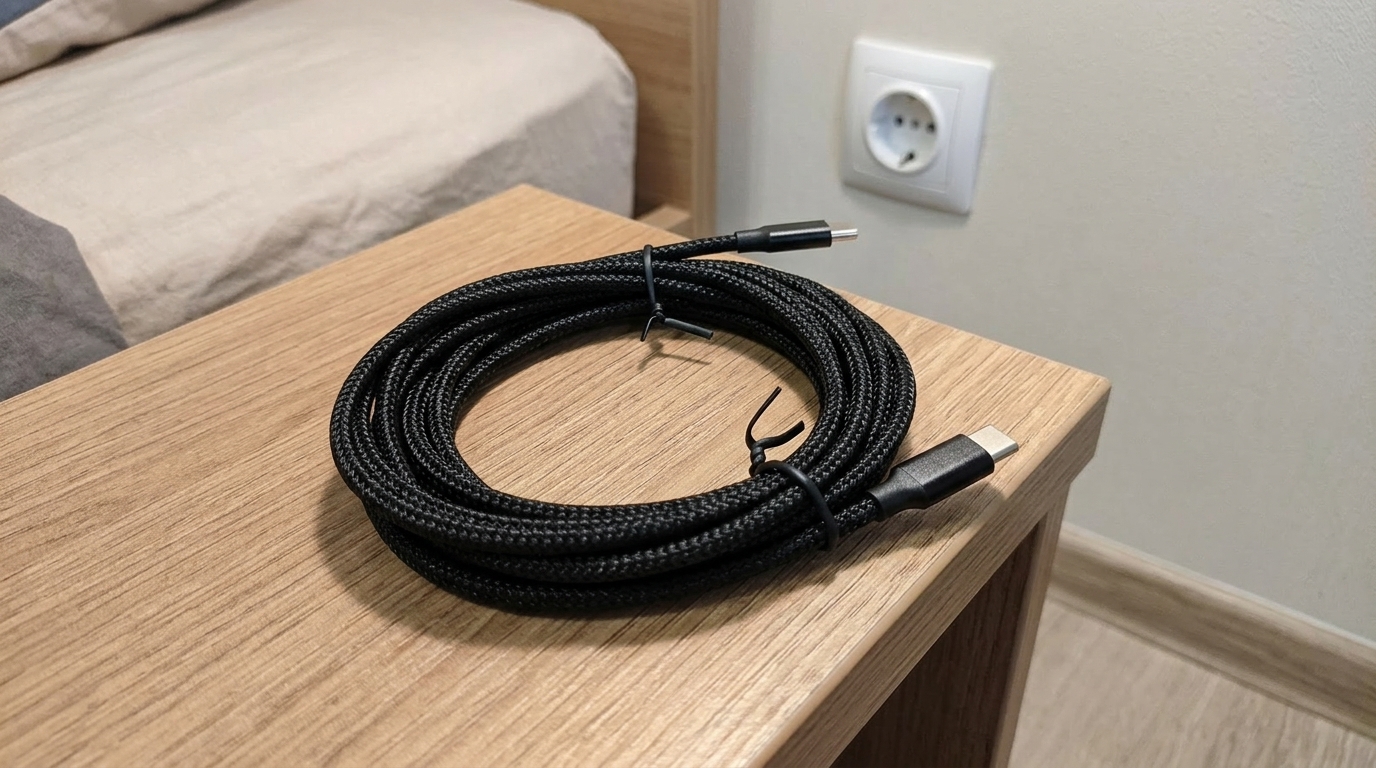 Розетка у двери, диван у стены — кабель на 3 метра решил проблему раз и навсегда. Фото.