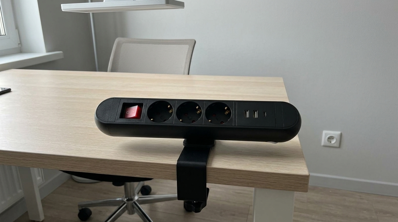 Прикрутил к столешнице — провода больше не свисают и не путаются. Фото.