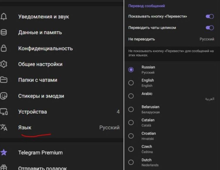 Смена языка в ТГ — дело нескольких секунд. Фото.