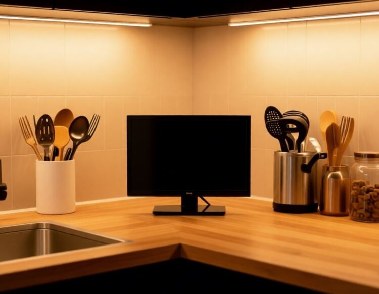На кухне телевизор лучше всего вешать на стену — подальше от газовой плиты. Фото.