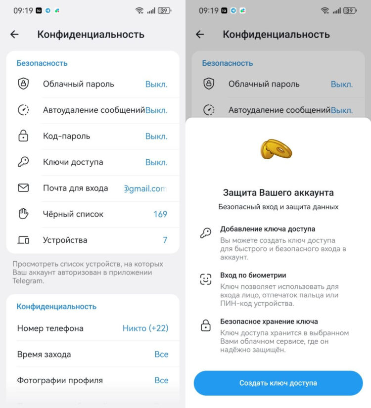 На русском языке Passkeys называются Ключи доступа. Фото.