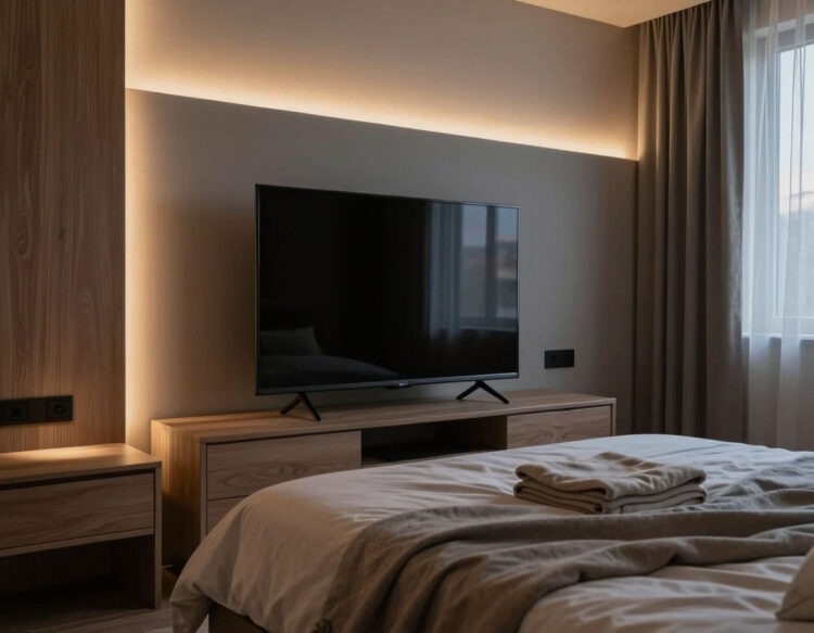 В спальной нужно тоже правильно повесить телевизор. Точнее — выбрать правильную диагональ. Фото.