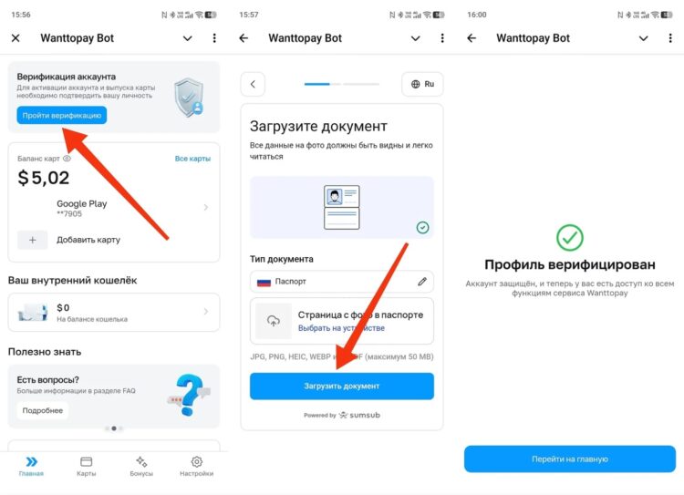 И проходим верификацию Wanttopay. Фото.
