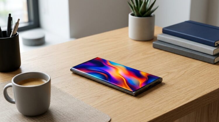 Samsung Galaxy S series smartphone on a desk showing vibrant screen colors