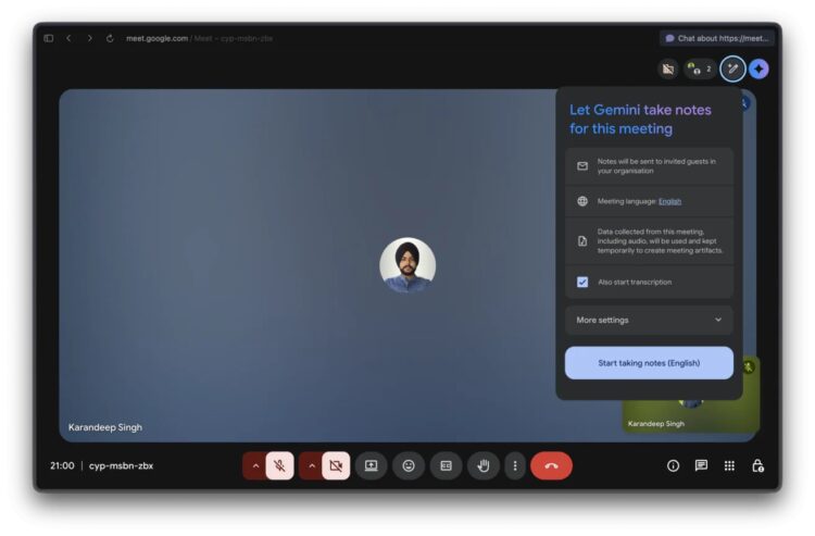 Нейросеть Gemini встроена прямо в Google Meet. Фото.