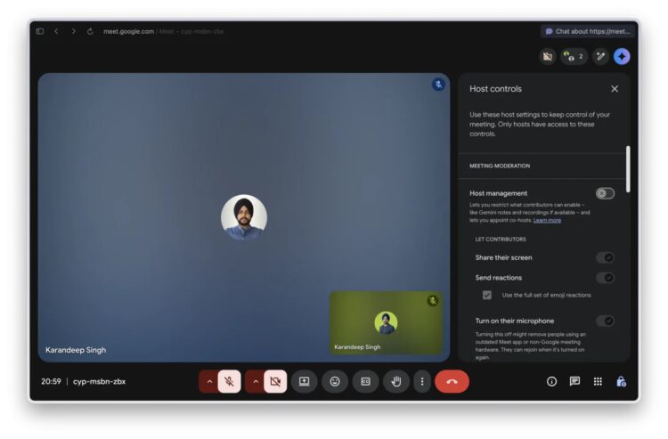 Google Meet позволяет ограничивать и расширять права участников созвона. Фото.