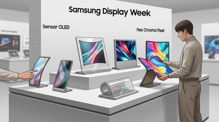 Samsung SID Display Week 2026 booth showing multiple display technology prototypes including Sensor OLED and Flex Chroma Pixel panels
