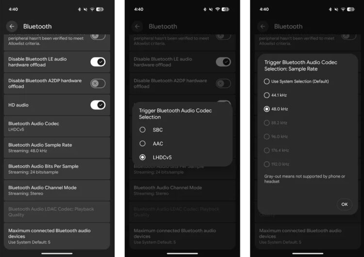 Кодек включается в настройках Bluetooth на смартфонах Google Pixel. Фото.