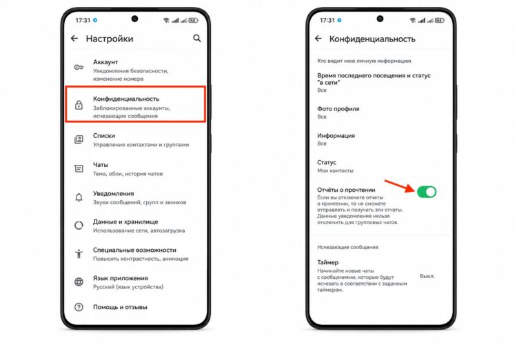 Отчет о прочтении можно отключить только в Ватсапе. Фото.