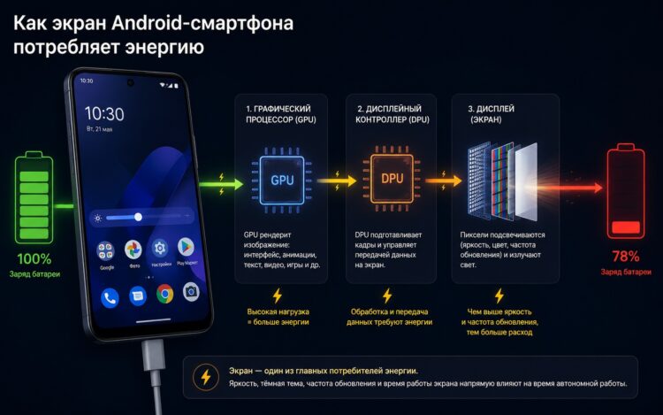 Экран смартфона действительно потребляет много энергии. Фото.