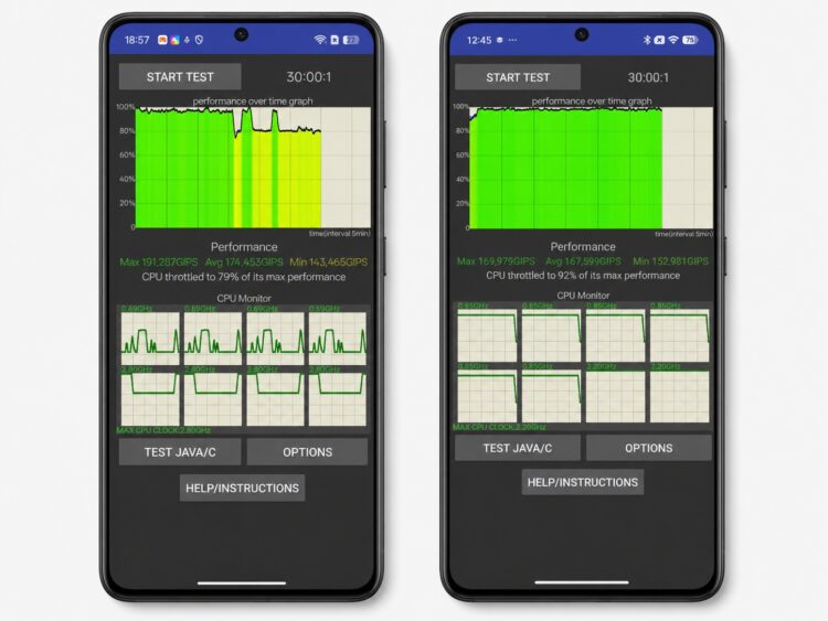 В троттлинг-тесте более высокую производительность показывает realme P4 (слева). Фото.