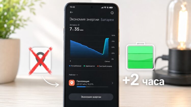 Прибавил два часа за счёт отключения геолокации. Фото.