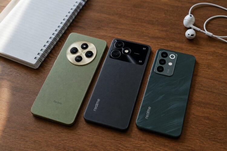 Redmi 14C, realme Note 80 и realme C85 Pro на столе