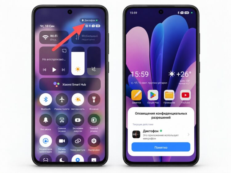 Диктофон использует микрофон на Android. Фото.